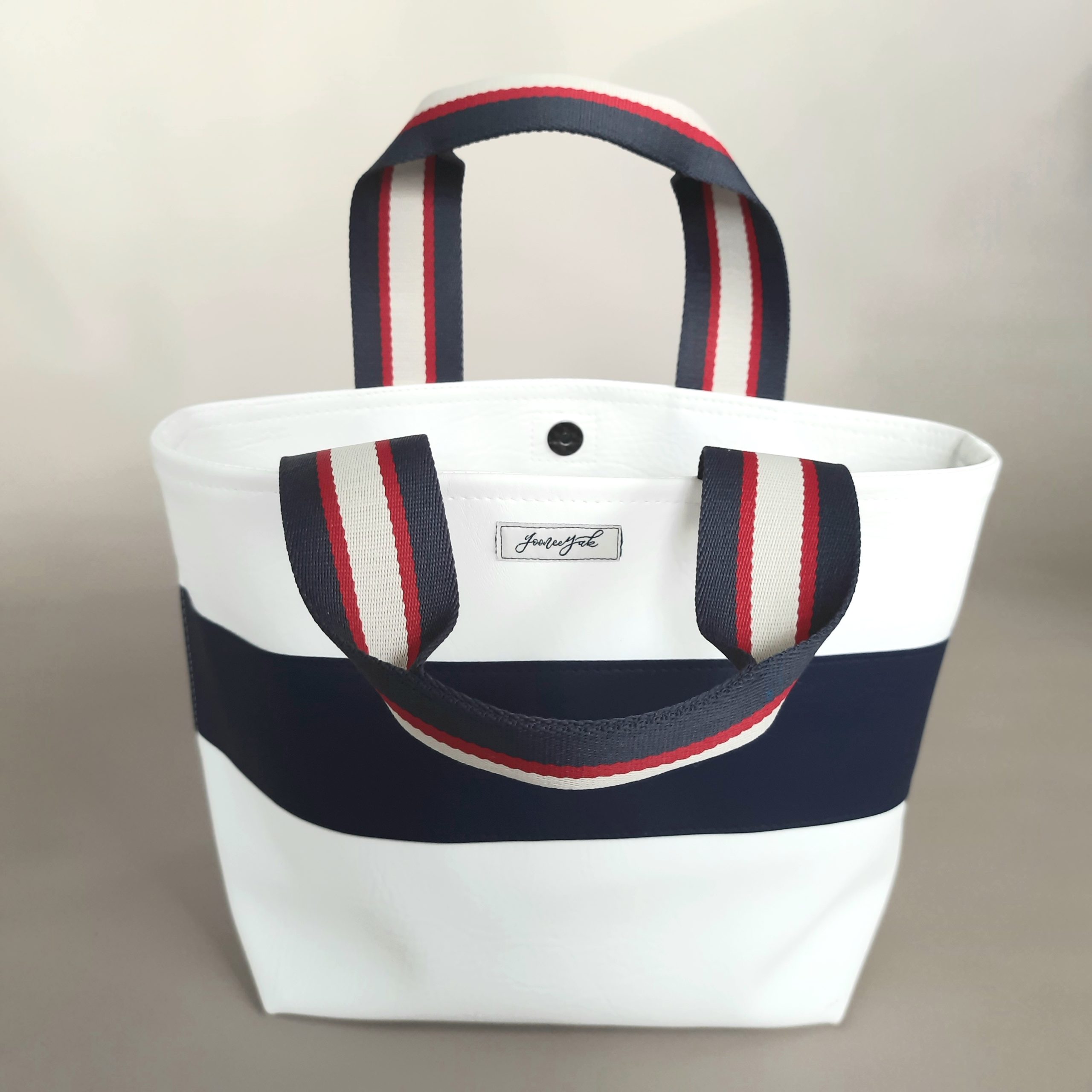 White Thecla Tote in Marine Vinyl with a blue stripe - Image 5